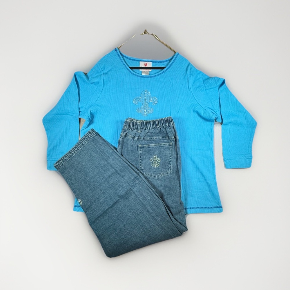 Quacker Factory Blue Long Sleeve Tee and Jeans Set